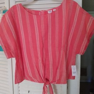 GAP LINEN& COTTON STRIPED BLOUSE.TIE FRONT.NEW MED- PETITE.